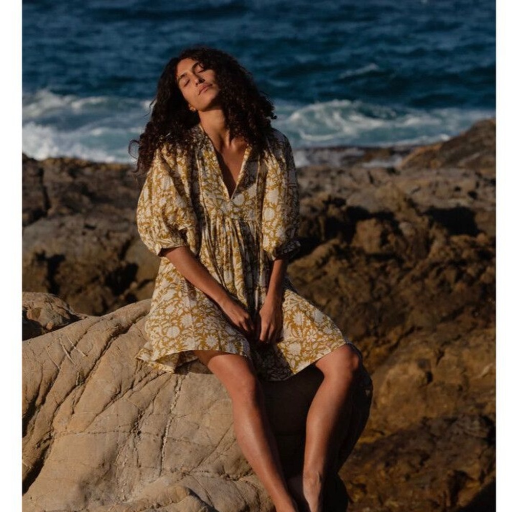 Daughters of India Kyra Mustard “Golden Palm” Floral Mini Dress - Small